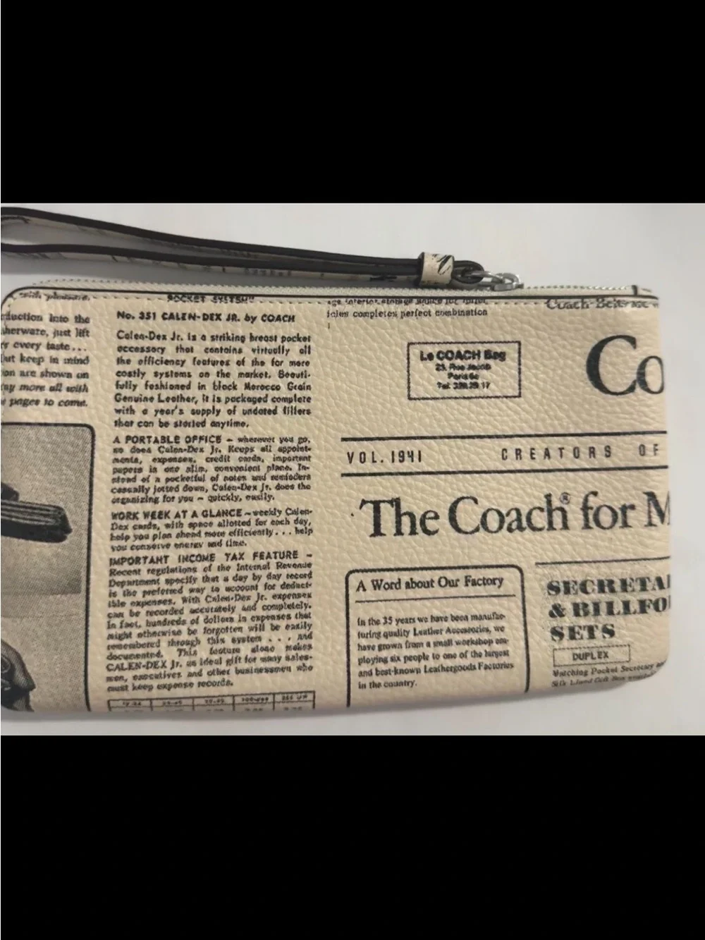 Coach Leather Zip Wallet in Cream and Black Newspaper Print